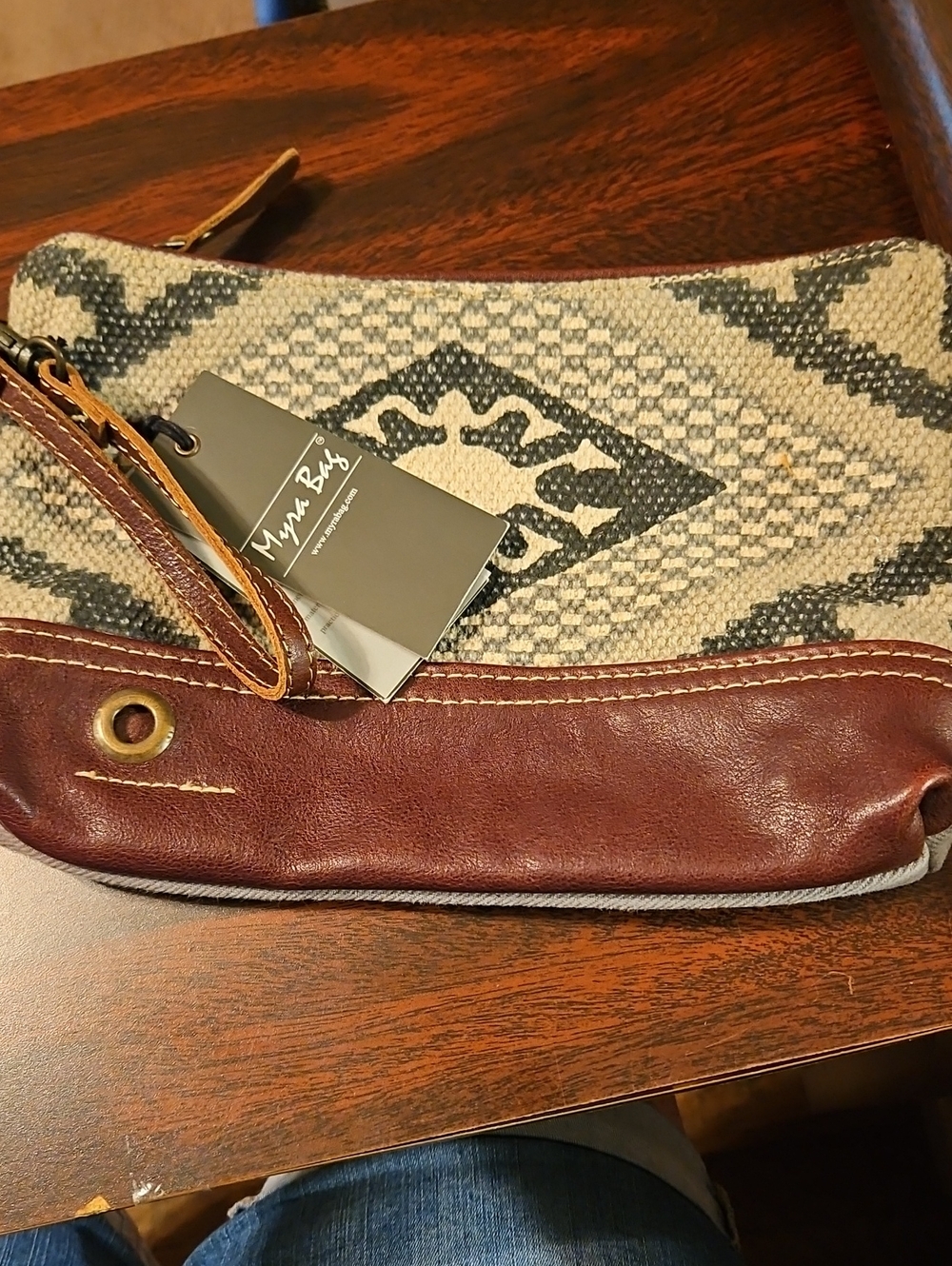 Myra Bag Beige & Brown Canvas Leather Wristlet Clutch